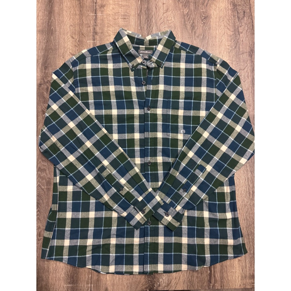 Eddie Bauer Mens XL Green‎ Blue Plaid Cotton Button Down Shirt D3367390 NEW